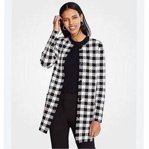 Ann Taylor Black & White Checked Knit Button Front Coat w Round Neckline S NWOT